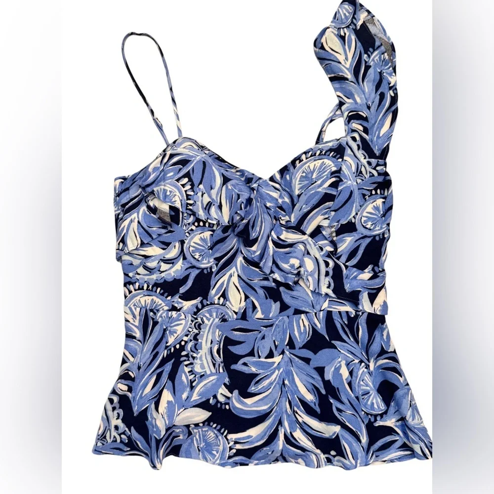 NWT Lilly Pulitzer Auria One Shoulder Ruffle Blue High Tide Top, Size 6 - Picture 1 of 5